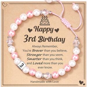 Hand Made Adjustable Pink and White Pearls with #3 and beautiful birthday card.